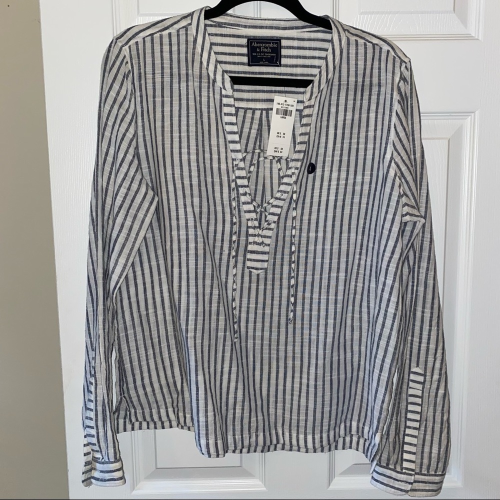 NWT Abercrombie & Fitch L Tie Front Blue & White Striped Linen Shirt Long Sleeve